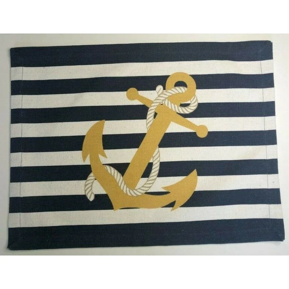 Anchor Nautical Placemats Navy White Stripes Set of 4 Beach Summer Machine Wash